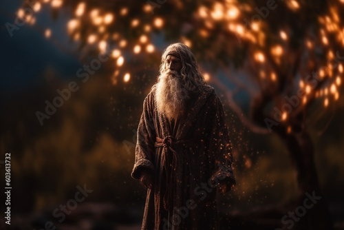 A dramatic shot of Moses standing before the burning bush, his face illuminated by the divine presence, bokeh Generative AI photo