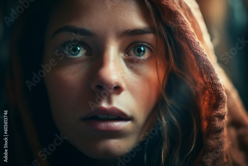 A striking close-up of Mary Magdalene's face, filled with wonder and amazement as she discovers the empty tomb of Jesus, bokeh Generative AI