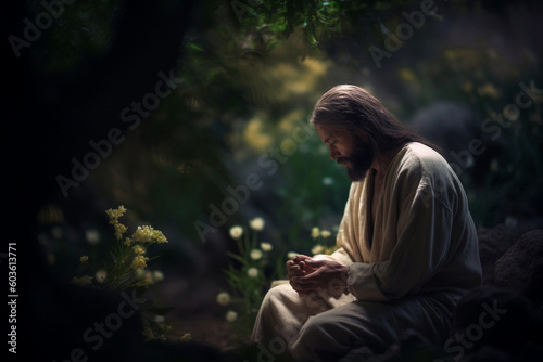 Obraz na płótnie A serene and contemplative still of Jesus praying in the Garden of Gethsemane, b