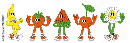 Fruit retro funky cartoon characters. Comic mascot of cherry strawberry banana watermelon flower with happy smile face, hands and feet. Groovy summer vector illustration. Fruits juicy sticker pack.