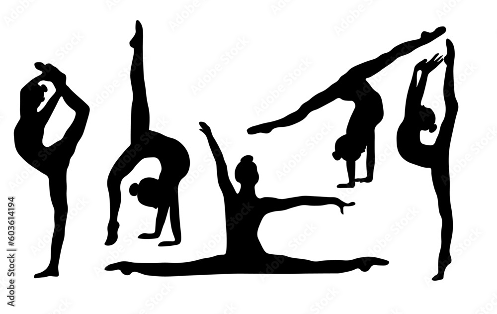 Silhouettes Of Gymnastic Poses Black Silhouette Of Asport Women Gymnastics Girl Silhouette