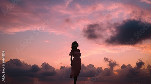 Women mental health. Female retreat. Self-Love Healing Journey, Healing Journey To Yourself. Female silhouette in pink sunrise sunset sky. AI generative photo