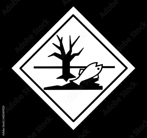 Hazardous substances to aquatic life and the environment. Danger sign on black background.
