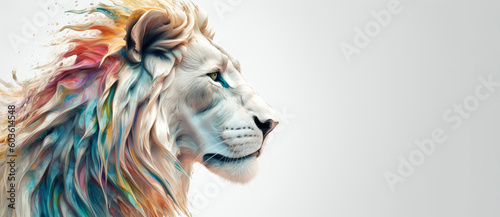 Abstract painting concept. Colorful artistic lion on lines and curves background. Animals. Generative AI. photo