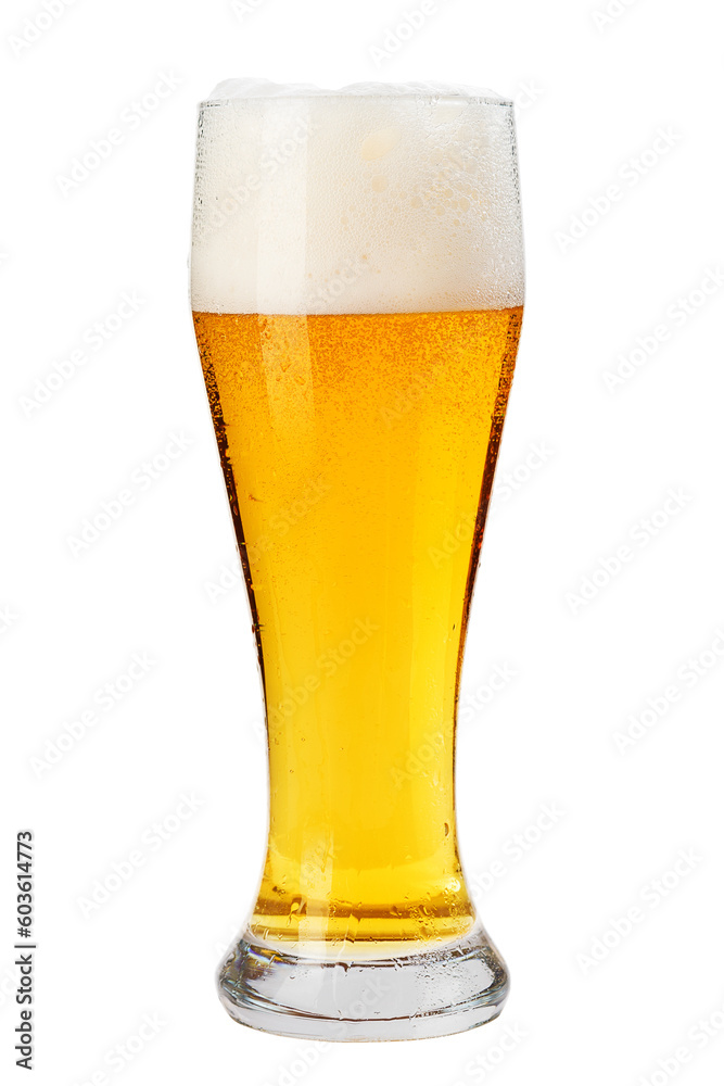 Glass of cold beer with foam, bubbles in drink, isolated on white background Glass of cold beer with foam, bubbles in drink, isolated on white background