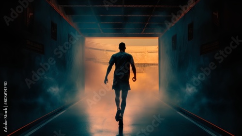 Determined sports athlete approaching the exit to the stadium. The anticipation, determination, and focus necessary for athletic success. Emotional intensity of competitive sports. Generative AI