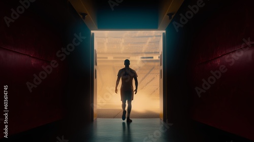 Determined sports athlete approaching the exit to the stadium. The anticipation, determination, and focus necessary for athletic success. Emotional intensity of competitive sports. Generative AI
