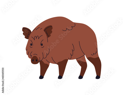 Wild boar, large forest pig, hog with brown fur. European Eurasian Sus Scrofa, swine beast. Woods fauna, omnivore mammal. Flat vector illustration isolated on white background
