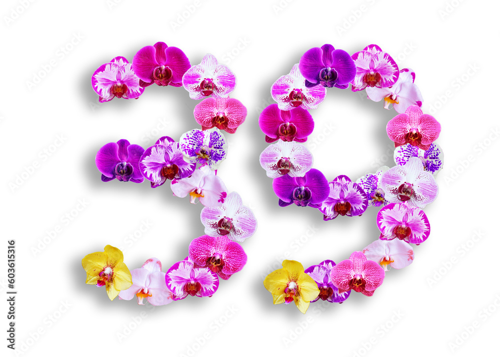 The shape of the number 39 is made of various kinds of orchid flowers. suitable for birthday, anniversary and memorial day templates