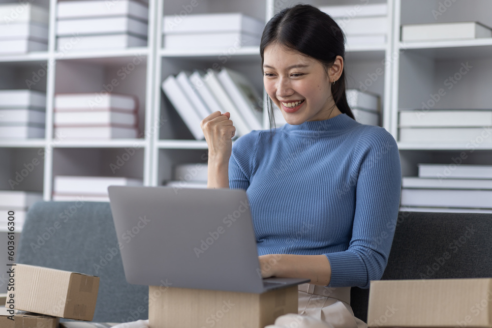 Asian business woman on sofa using a laptop computer checking customer order online shipping boxes at home. Starting SME Small business entrepreneur freelance. Online business, SME Work home concept. Asian business woman on sofa using a laptop computer checking customer order online shipping boxes at home. Starting SME Small business entrepreneur freelance. Online business, SME Work home concept.