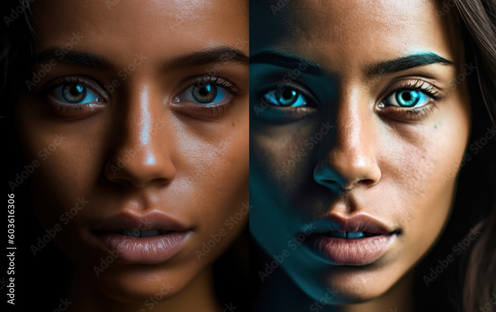 Portrait of a girl. Two portraits in one photo. Generative AI Portrait of a girl. Two portraits in one photo. Generative AI