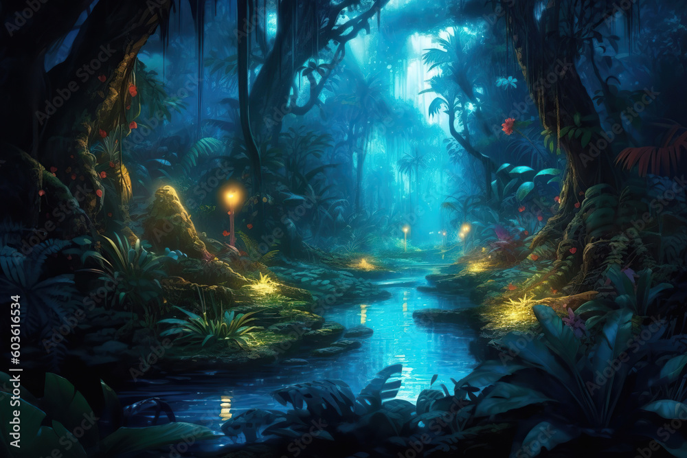beautiful magical fantasy river in a colorful jungle, Generative AI