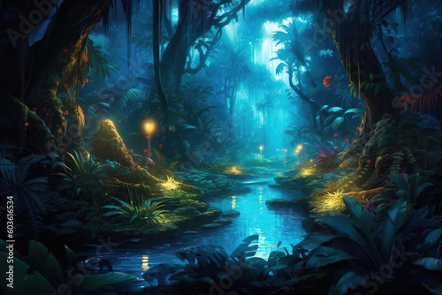 beautiful magical fantasy river in a colorful jungle, Generative AI © Dianne