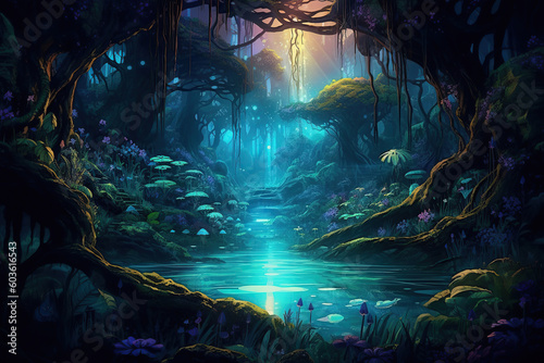 tropical fluorescent fantasy jungle with lianas, Generative AI © Dianne
