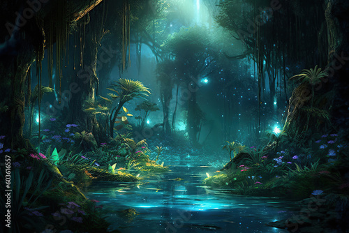 beautiful glowing fantasy jungle with lianas, Generative AI