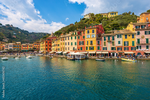 Cityscape and port of Portofino, famous luxury tourist resort in Genoa Province, Liguria, Italy, Europe. Colorful houses, Mediterranean sea (Ligurian sea). © Alberto Masnovo