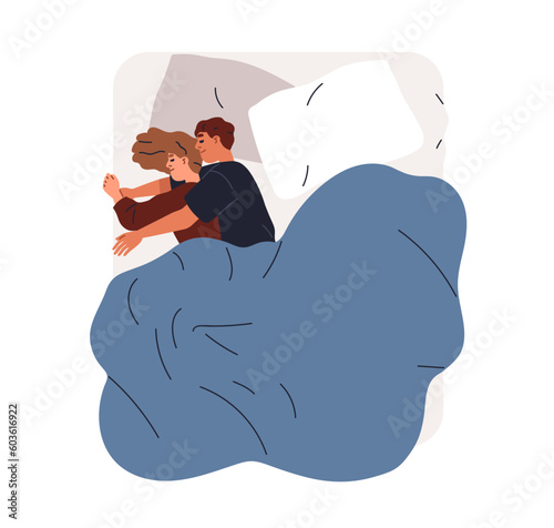 Love couple sleeping, embracing, hugging at night. Family asleep, lying in bed, top view. Happy man and woman cuddling, dreaming together. Flat graphic vector illustration isolated on white background