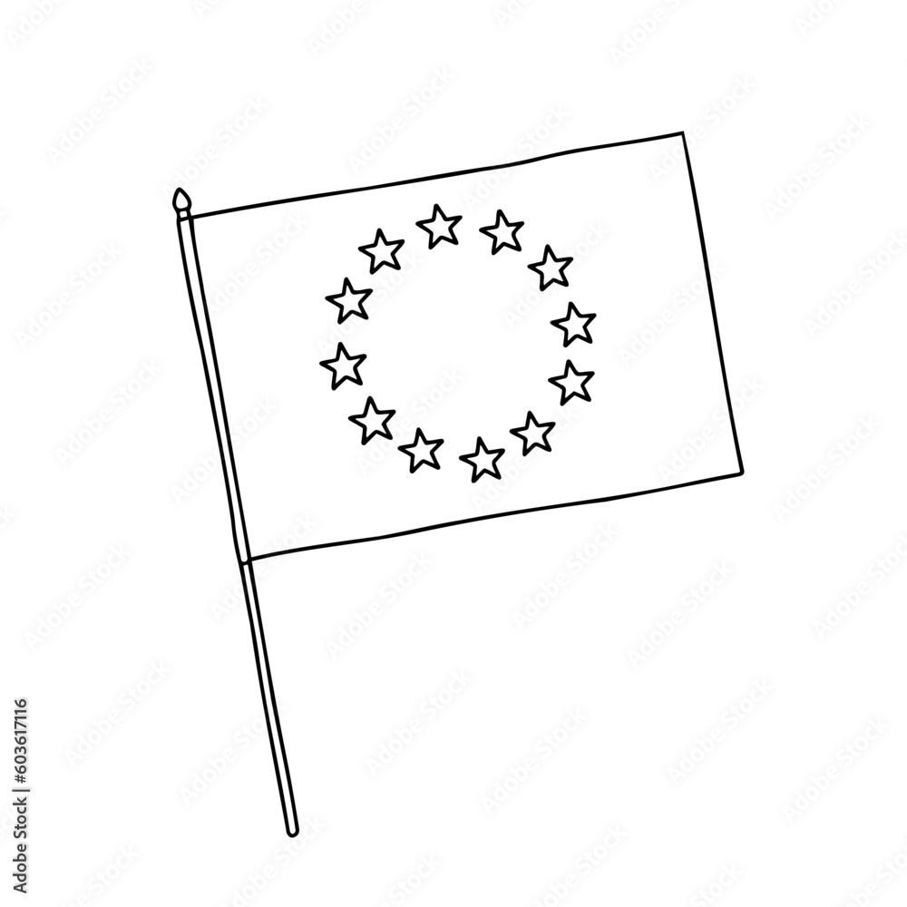 European Union (EU) flag. Vector black and white hand drawn flag. European Union (EU) flag. Vector black and white hand drawn flag.