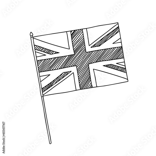 United Kingdom flag vector, outline illustration. Vector black and white hand drawn flag.