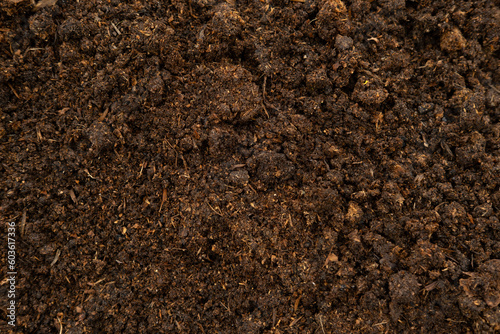 Horse Manure Compost for cultivation, agriculture. Natural Eco Bio Fertilizer. Closeup texture brown wallpaper. Composted steer manure background. Organic fertiliser. Animal Dung. Droppings plant food