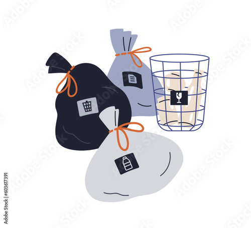 Waste, garbage packed in tied polyethylene trash bags, dust bin. Different type of rubbish, junk, refuse, litter in plastic packages and dustbin. Flat vector illustration isolated on white background
