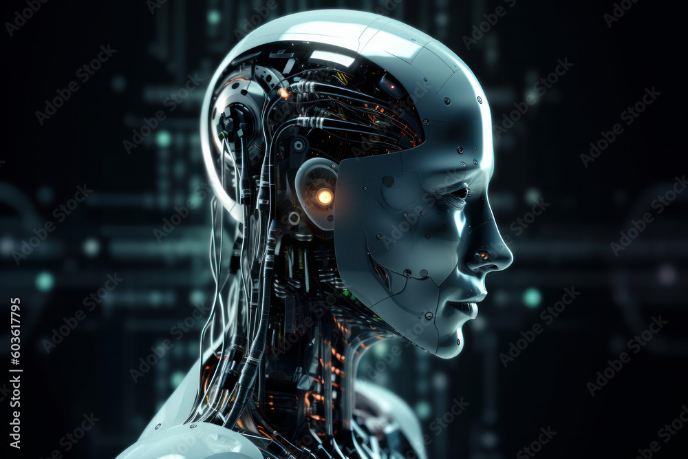 A futuristic robot face with artificial intelligence and neural network technology, processing and analyzing big data. Technology background concept. AI Generative.