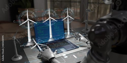 AI artificial intelligence analyze energy saving data of wind turbine power generation systems. Show results through a graphic holographic screen. Humanoid robot and laptop computer by 3D rendering