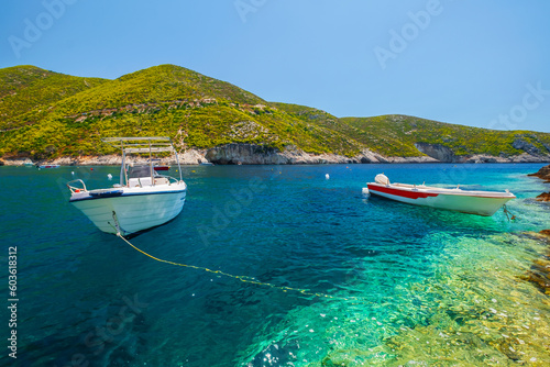 Cozy little bay Porto Vromi beach with boats on the shore, turquoise Ionian sea, Zakynthos island near the blue caves