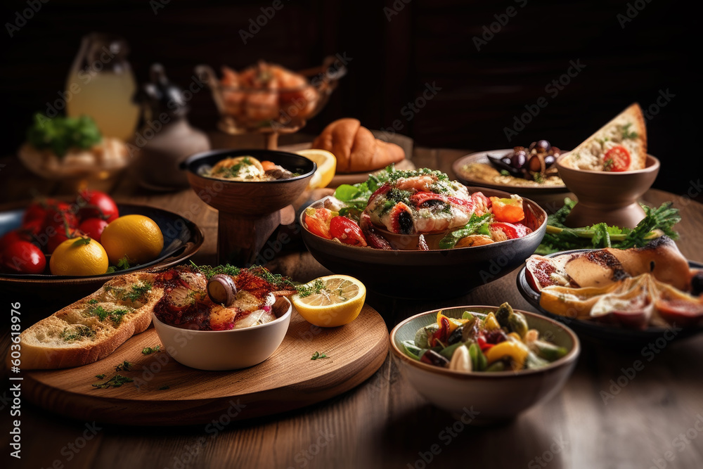 Fresh and healthy Mediterranean dishes in seaside restaurant. AI generated Fresh and healthy Mediterranean dishes in seaside restaurant. AI generated
