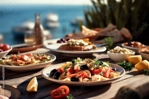 Fresh and healthy Mediterranean dishes in seaside restaurant. AI generated