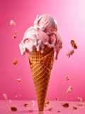 Ice cream in waffle cone, splashes and waffles on pink background. AI generated Generative AI