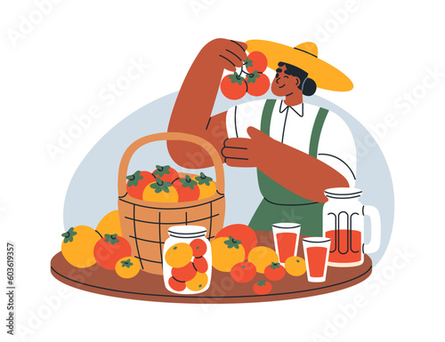 Farmer with farm harvest, fresh organic vegetables. Agriculture worker, woman selling tomato and natural products at local market. Flat graphic vector illustration isolated on white background