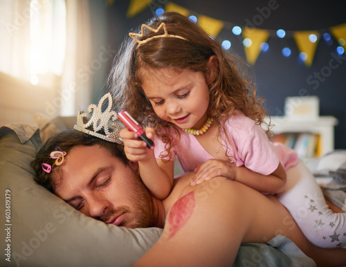 Sleeping, dad and girl drawing for fun, game and April Fools joke on face, body and paint with pink makeup. Father, sleep in kids bedroom and funny child, bed time and painting lipstick on man