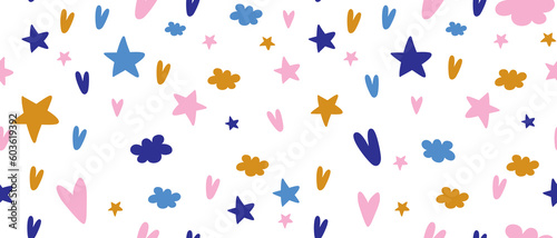 Colorful Hand Drawn Abstract Doodles Seamless Vector Pattern. Clouds, Hearts and Stars Isolated on a White Background. Simple Irregular Childish Style Repeatable Drawing ideal for Fabric.