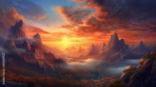 Realistic mountain view at sunset, AI generated. © HENI