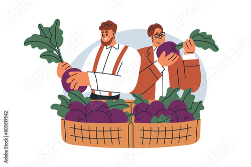 Farmers and harvest. Agriculture workers and collected crops, organic fresh beet vegetables. Happy people enjoying natural local beetroot. Flat graphic vector illustration isolated on white background