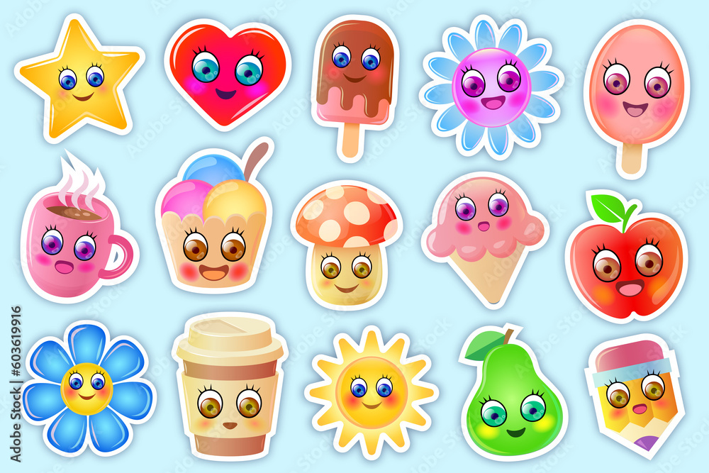 Cute stickers collection. Funny stickers with happy, funny cartoon characters. Cute flowers, ice creams, fruits and other cute characters.