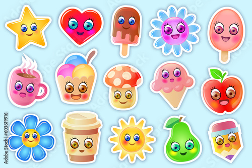 Cute stickers collection. Funny stickers with happy, funny cartoon characters. Cute flowers, ice creams, fruits and other cute characters.