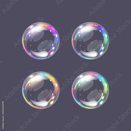 Soap bubbles with rainbow reflection on dark background. Colorful element, clip art illustration. Vector 