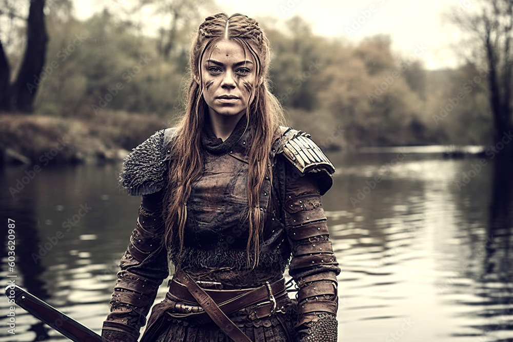 Fighter with war paint in medieval armor in front of a pond landscape, made with generative ai Fighter with war paint in medieval armor in front of a pond landscape, made with generative ai
