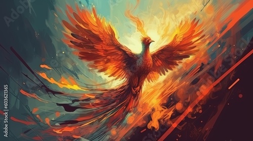 A phoenix rising from the ashes. Fantasy concept , Illustration painting. Generative AI