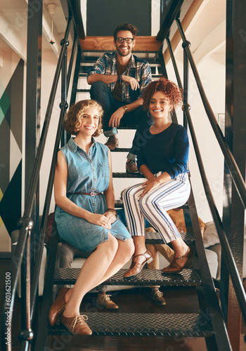 Smile, startup or portrait of happy people on steps after meeting for team building together in company. Women, proud man or employees smiling with leadership, confidence or group support in business