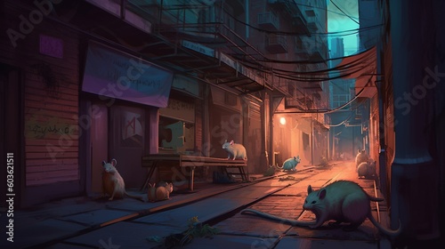 A neon-lit alley with genetically-modified rats as pets. Fantasy concept   Illustration painting. Generative AI