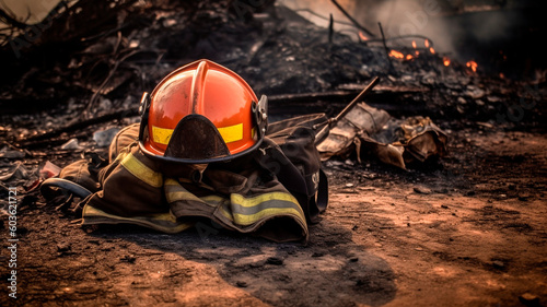 Firefighter Helmet on the Background of a Fire in the Forest. Emergency Response, Safety Gear, Courage Symbol, Heroic Profession.