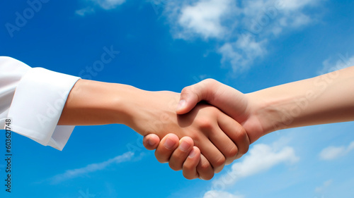 Close-Up of Business People Shaking Hands, Blue Sky Background. Corporate Success, Partnership Agreement, Teamwork Triumph, Deal Sealed.