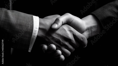 Close-Up of Two Businessmen’s Handshake, Black and White Image. Symbol of Successful Negotiation, Trustworthy Partnership, Corporate Achievement, Deal Finalized.