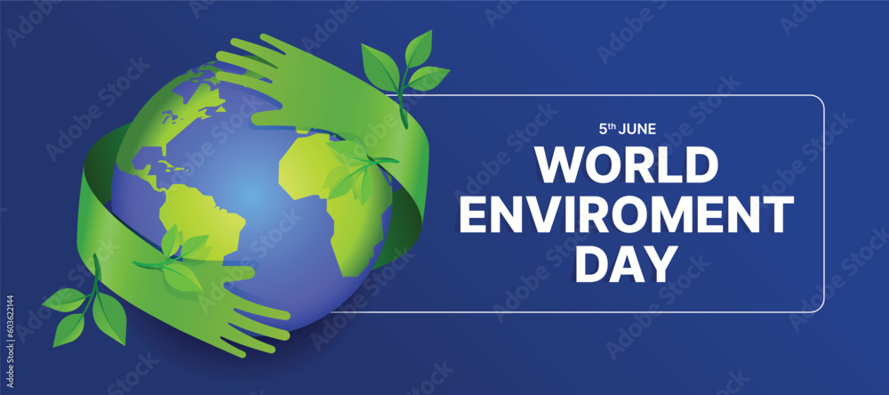 World Environment Day - Green hands sign with hold earth world with leaves branch hold hug around circle globe world on blue background vector design - obrazy, fototapety, plakaty 