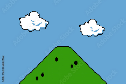 old video game on a console. Game background pixel art. Pixel cloud and hill