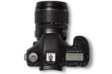 photo of used modern black DSLR camera isolated over a transparent background, cutout photography design elements, flat lay / top view with subtle shadow