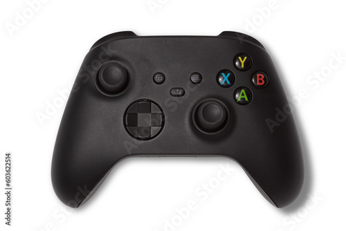 photo of used black gamepad console controller isolated over a transparent background, gaming design elements, flat lay / top view with subtle shadow